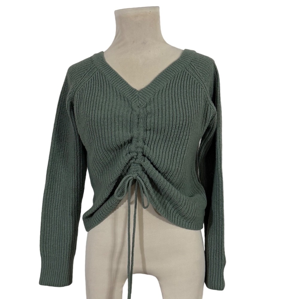 Full Circle Trends Women's Ribbed V Neck Cinched Drawstring Cropped Sweater XL